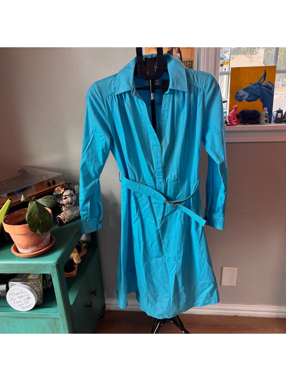 Calvin Klein Women's Turquoise Long Sleeve Shirt Dress with Belt Size 8